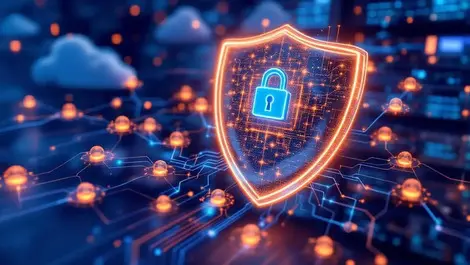 Secure digital network shield glowing data nodes cyber protection analytics