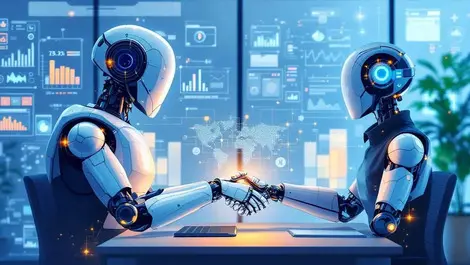 Humanoid robots human professionals collaborating modern office ai business transformation