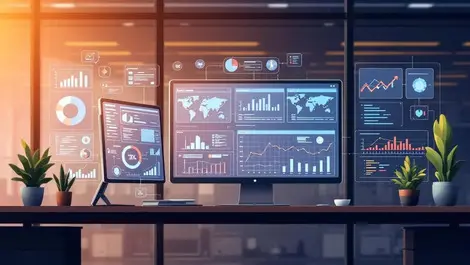 Illustrated dashboard graphs charts network diagrams modern office it risk assessment