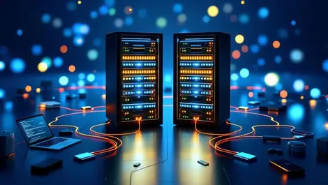 Realistic illustration network server racks secure glowing cables uk office