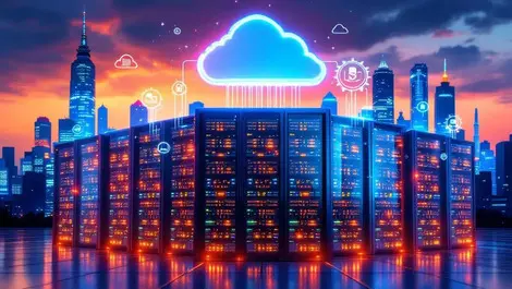 Realistic data center glowing server racks network cables cloud icons us cityscape