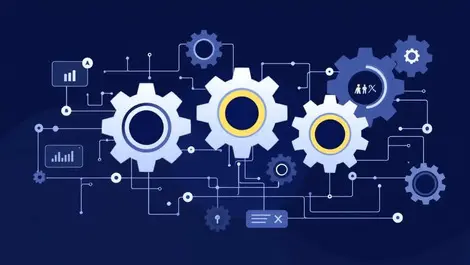 Interconnected gears digital flowcharts business process automation specialized player