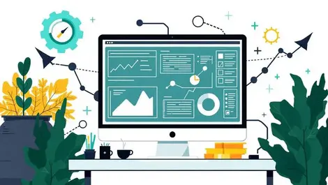 Professional workspace computer graphs network links automated backlink analysis modern tech