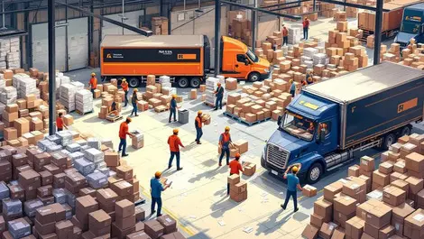 Realistic crowded warehouse shipping boxes stressed workers delivery trucks