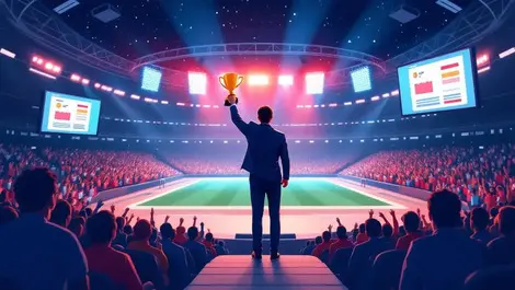 Business leader trophy stadium cheering crowds digital pos screens global sports tech