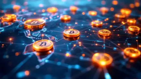 Digital coins glowing lines world map asia pacific cross border blockchain payments