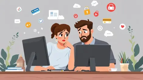 Australian man woman worried computer cybercrime data theft locks social icons