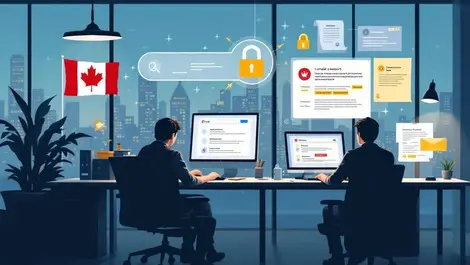 Realistic modern office canadian flags employees computers search results secure lock citations