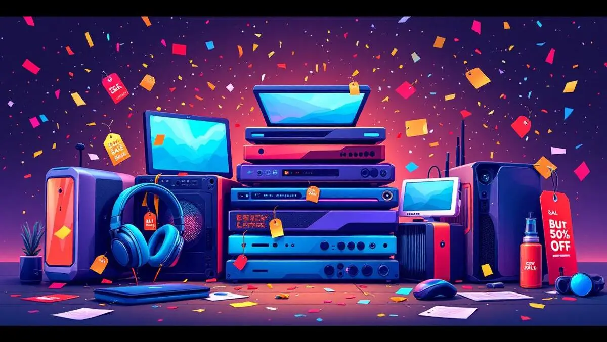 Colorful digital illustration stacked tech gadgets australian black friday sale