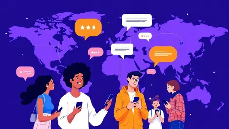 Global multilingual messaging people from different continents communicating