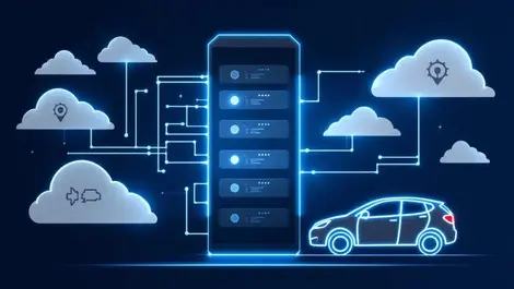 Server rack glowing connections clouds car integration cloud computing automotive tech