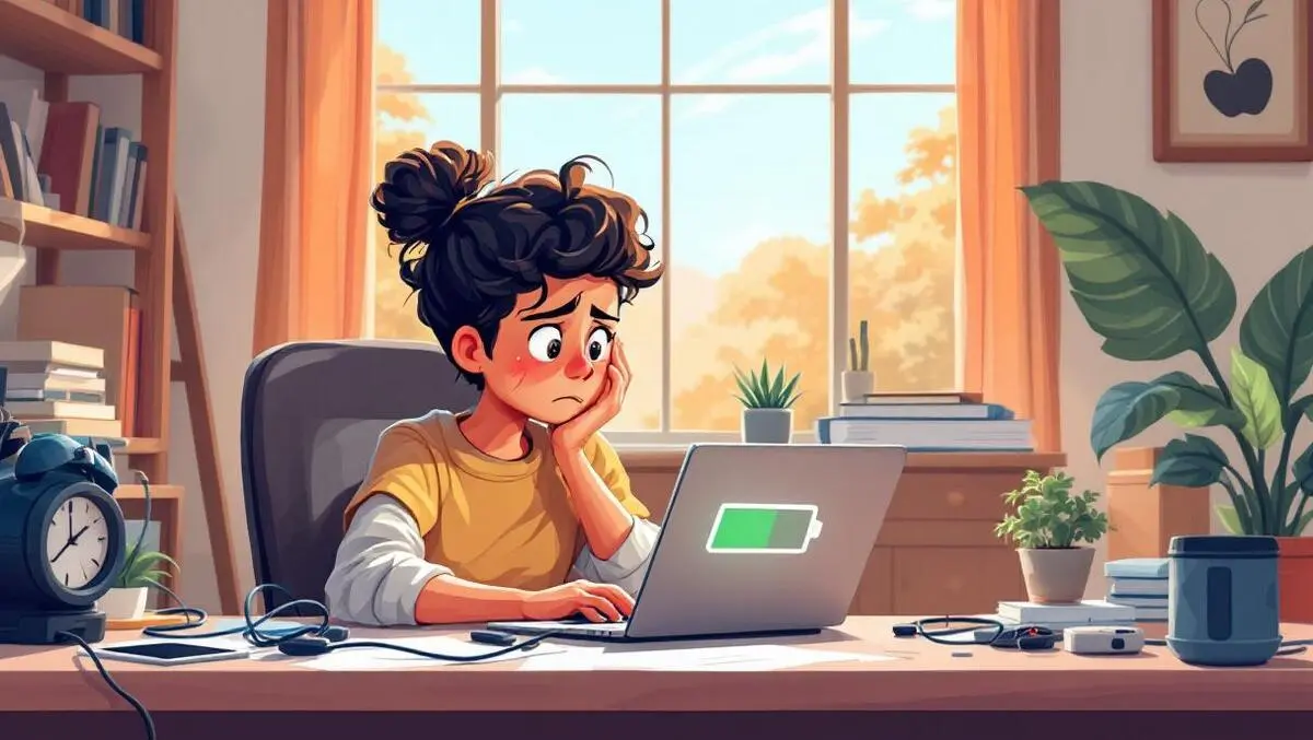 Realistic australian home office person worried low battery laptop cable scatter daylight