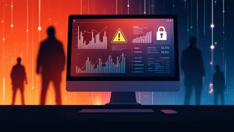 Computer screen data breach warning lock icons shadowy figures realistic digital illustration