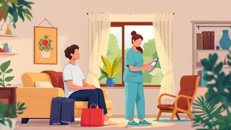 Australian physiotherapist home visit patient care suburban house illustration