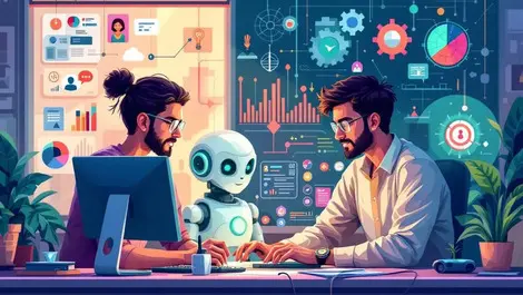 Young indian researchers ai robots innovation technology modern workspace
