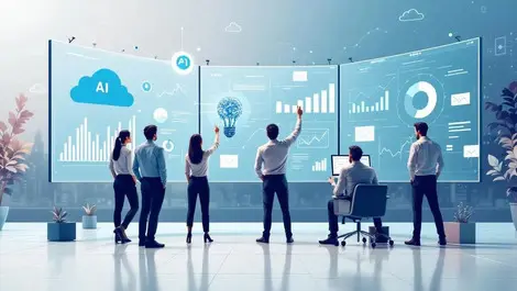 Business professionals analyzing data charts ai cloud icons illustration growth analytics