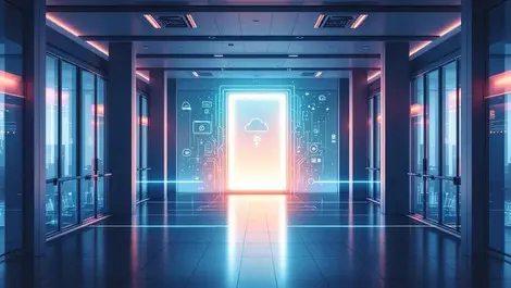 Modern office lobby digital portal linking ai cloud departments