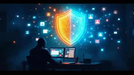 Shadowy hacker vs glowing ai shield advanced cyber defense scene