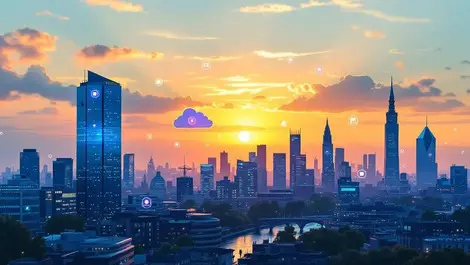 London sunrise skyline with digital cloud streams tech growth scene