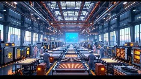 Massive asian chip fab cleanroom with technicians and data center view