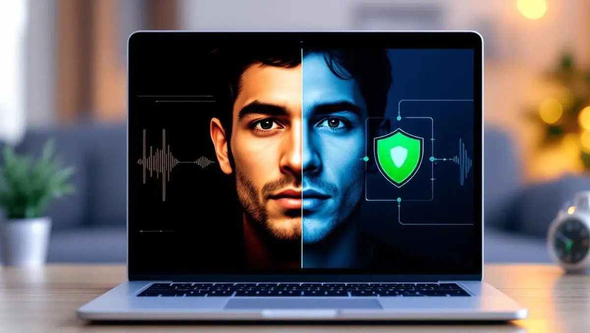 Laptop deepfake detection split screen suspicious face green shield