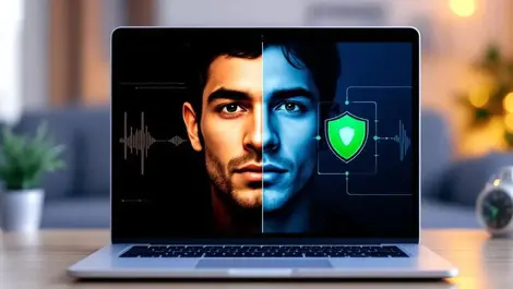Laptop deepfake detection split screen suspicious face green shield