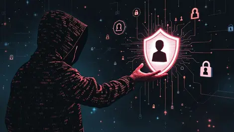 Hooded binary figure ai cyber threats glowing locked data shield