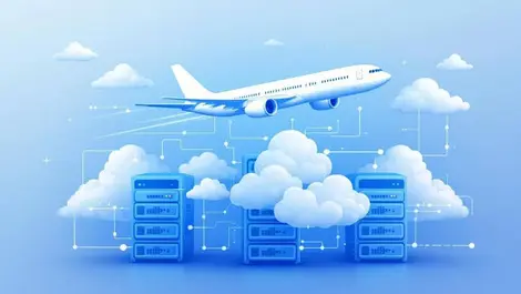 Airplane above cloud server stacks data automation soft blue tech