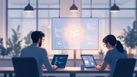 Dev team open office ai assistant snowflake icon cloud coding scene