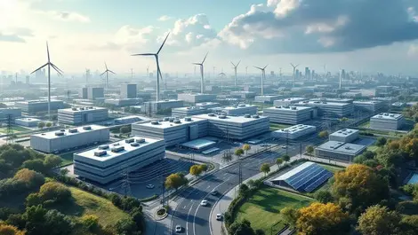 European data center campus with wind turbines solar panels ai growth