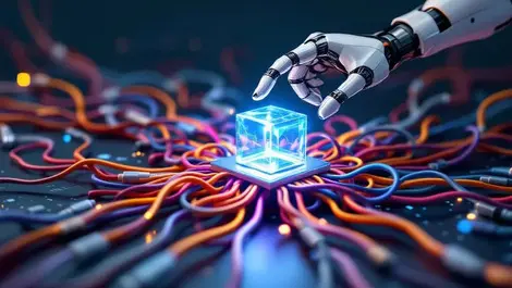 Robotic arm clearing data cables revealing glowing ai crystal cube