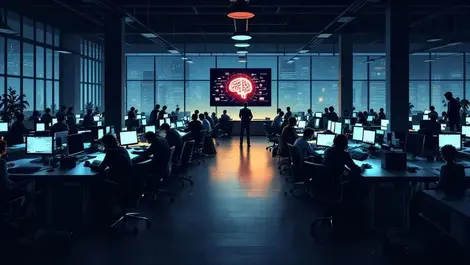 Moody uk startup office ai brain glowing central screen job fears