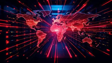 Global cyber attack map red lines to glowing datacenter racks