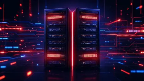 Cinematic us china server rack ai data exfiltration illustration