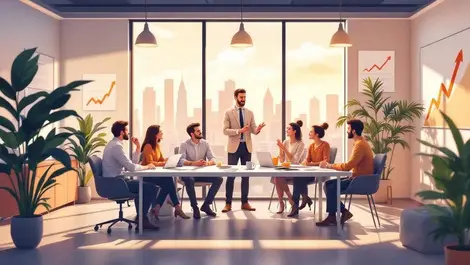 Modern australian office team meeting with manager and city view