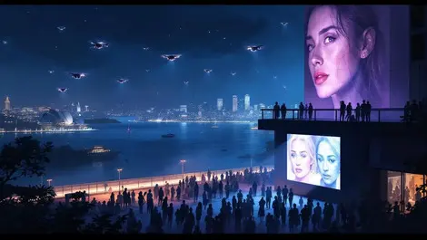 Moody sydney gallery rooftop drones cctv crowd digital art