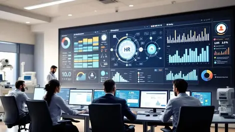 Modern us hospital operations control room digital dashboards collab
