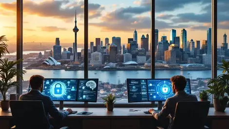 Anz it security team office ai cyber shields city skyline view