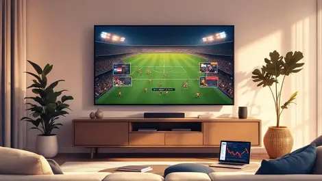 Australian living room tv footy match with devices and ad frames
